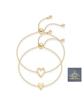 14K Gold Plated Heart Charms Solitaire Bracelet Set - 2 Pack Adjustable